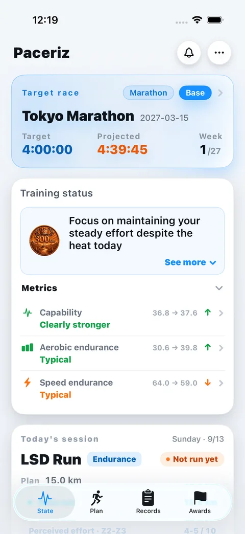 Home screen: goal race, predicted finish time, and today’s workout